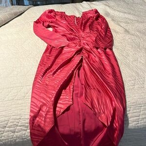 Long sleeve Ronny Kobo shiny midi pink zebra print dress